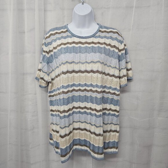 Vintage Alfred Dunner Blue Tan Chevron Striped Short Sleeve Sweater Pointelle 2X - Picture 1 of 11